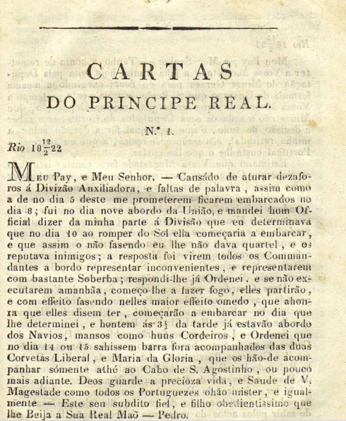 Carta de Dom Pedro dirigida ao seu pai, Dom João VI.  Por 